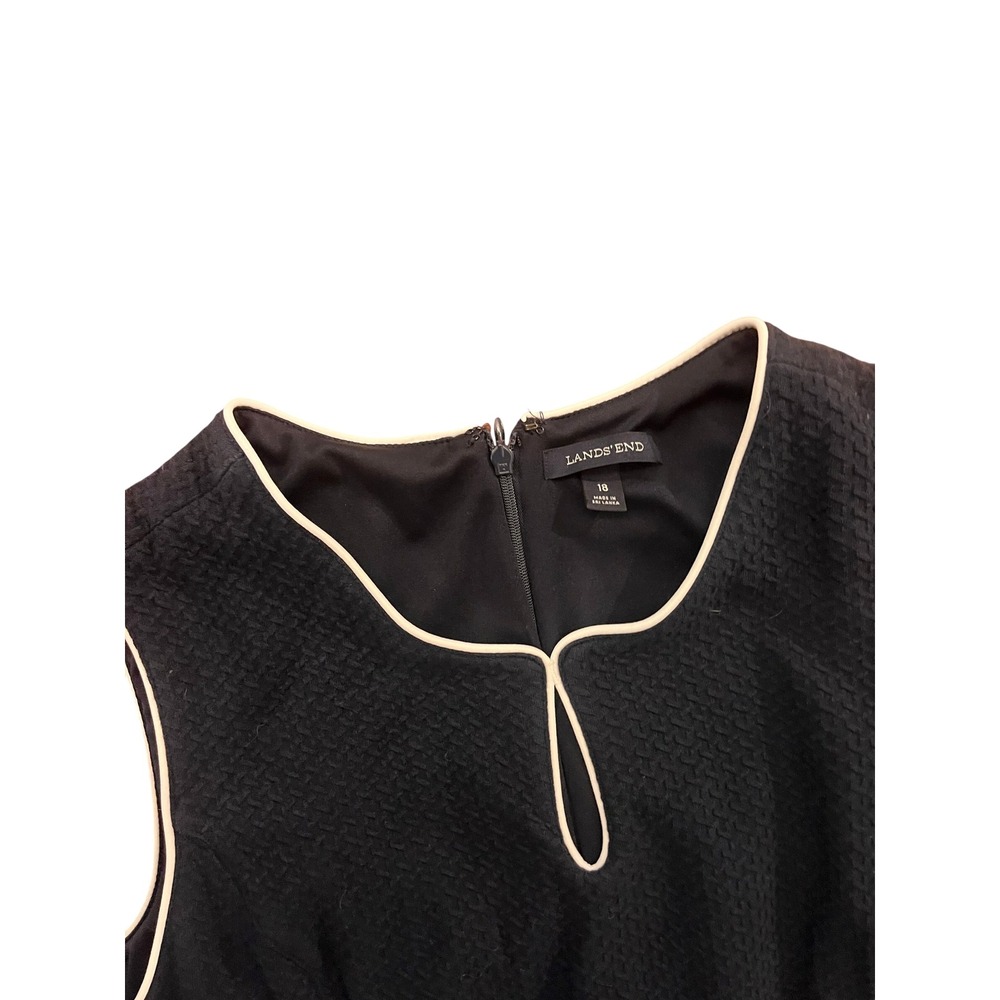 Lands End Navy Blue Textured Sleeveless Shift Dress White Piping Pockets Size 18 - Picture 2 of 5